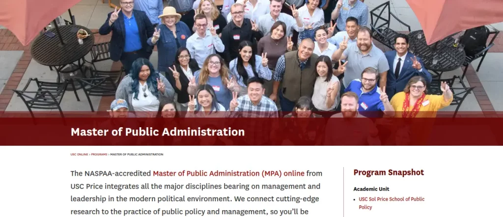A screenshot from the official website of USC Online's Online MPA course