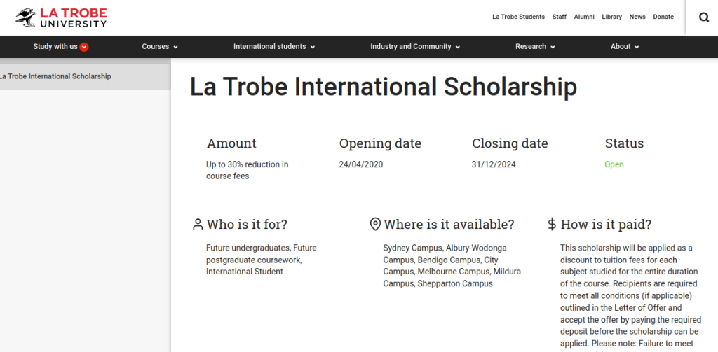 Study in Australia: La Trobe University International Scholarship Available to Meritorious Students