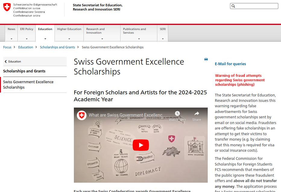 Study Abroad: Swiss Government Excellence Scholarships Open for 2024-25