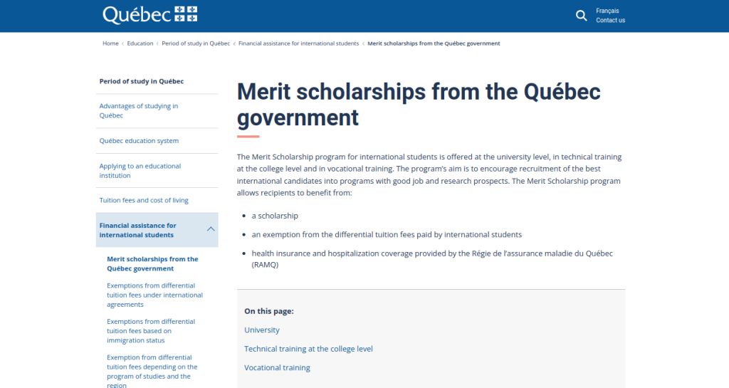 Study in Canada: Québec Government Merit Scholarship Program 2024/2025 Open for International Students
