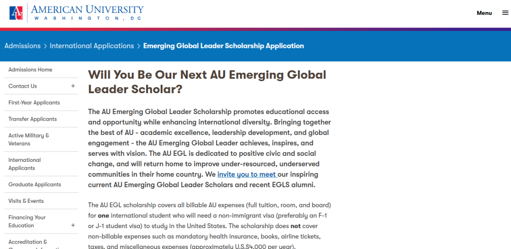 Study in USA: AU Emerging Global Leadership Scholarship Open for International Applicants