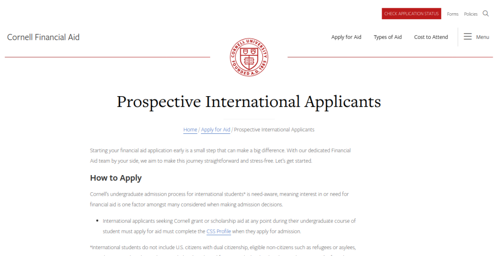 Study in USA: Cornell University Invites Scholarship Applications from 1st Year International Students