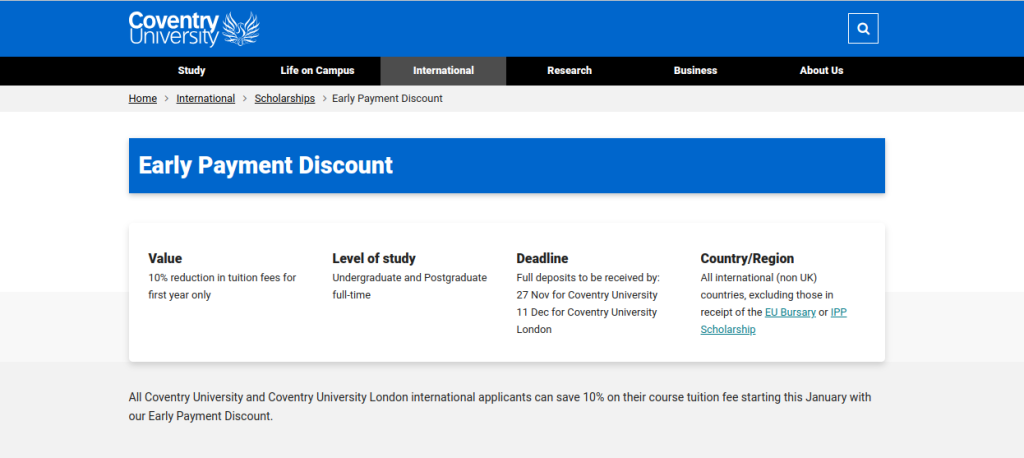 Study in UK: Applications Open for Coventry University Early Payment Discount