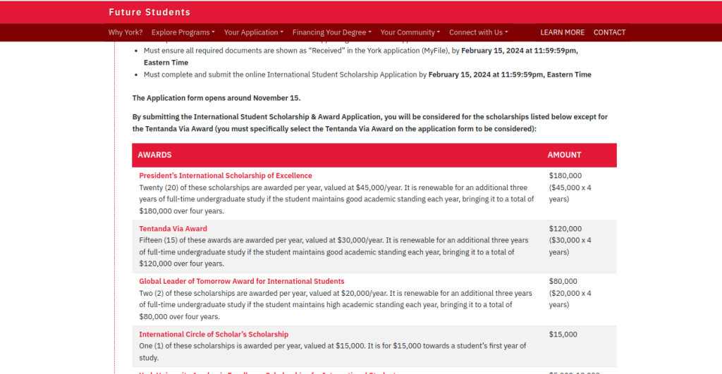 Study in Canada: York University International Scholarships for Fall/Winter 2024-25 Set to Open on November 15