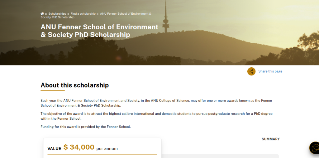 Study in Australia: ANU Fenner School of Environment & Society PhD Scholarship; Applications Open