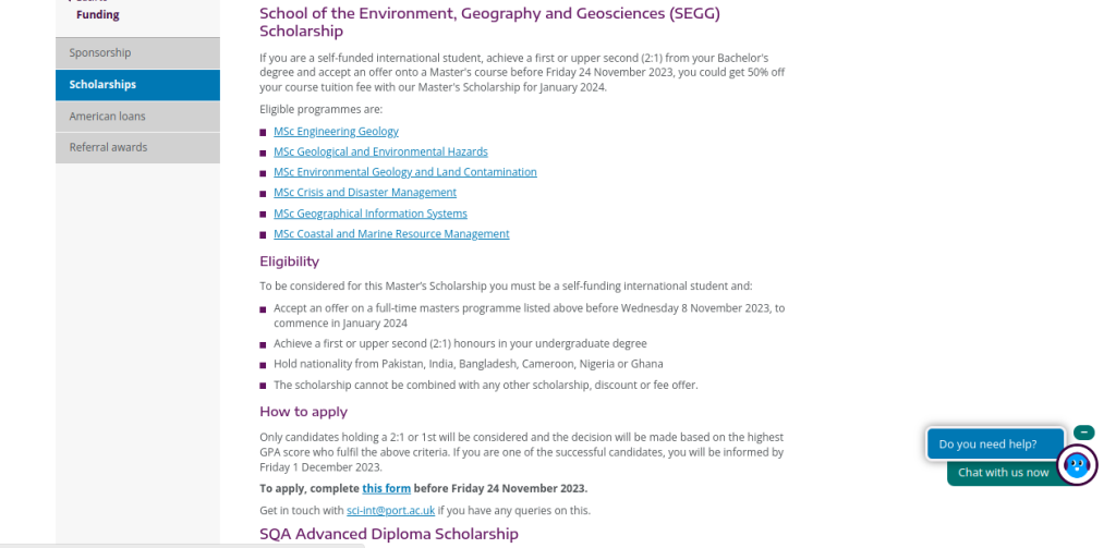 Study in UK: University of Portsmouth SEGG Scholarship 2024-25 Applications Open
