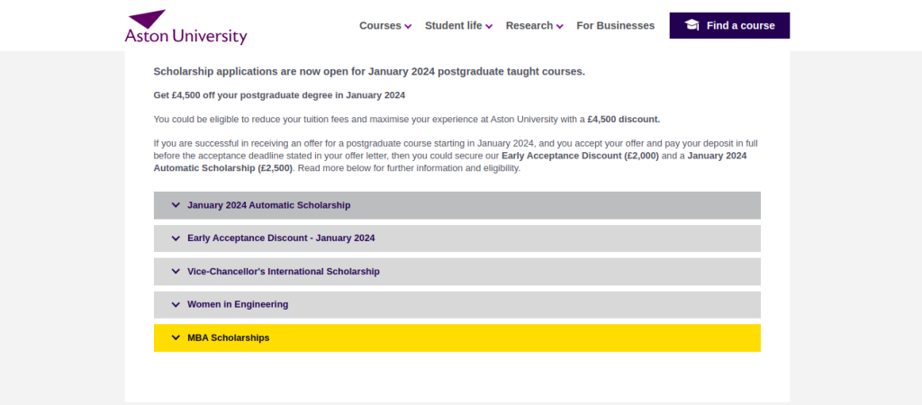 Study in UK: Aston University International Scholarships for the January Intake