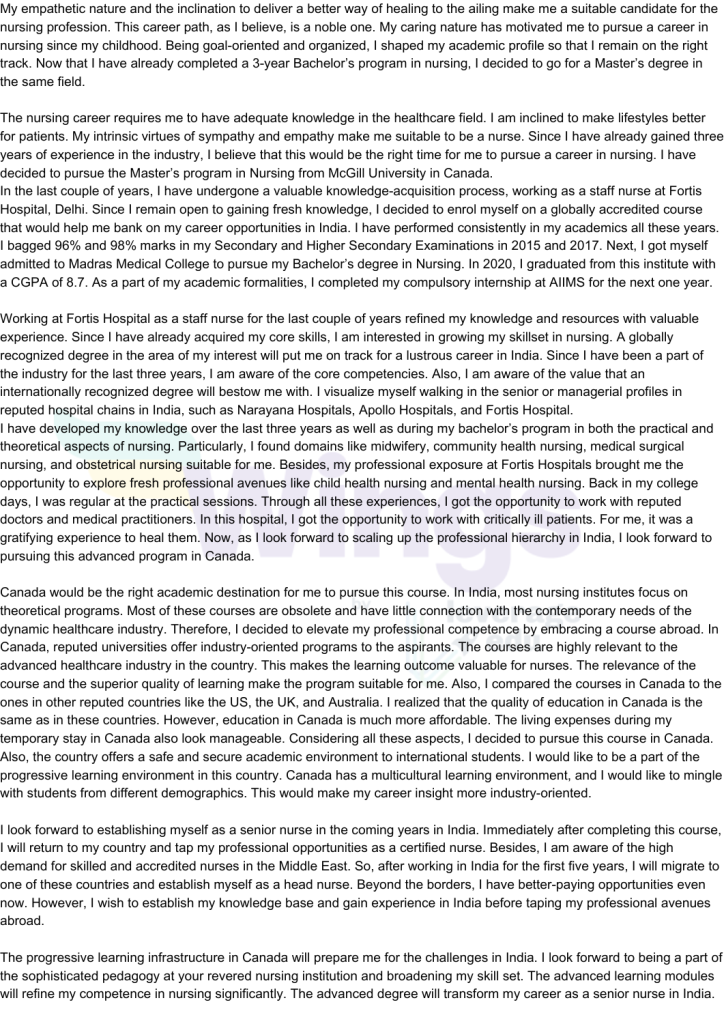 SOP for Nursing in canada