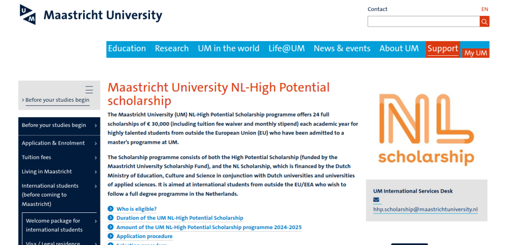 Study in Netherlands: Details About Maastricht University NL High Potential Scholarship