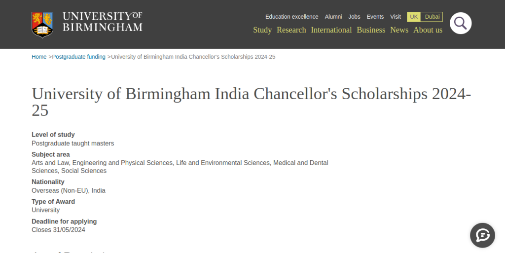 Study in UK: University of Birmingham India Chancellor's Scholarship Applications Open for 2024-25