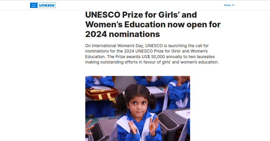 Study Abroad: UNESCO Prize for Girls and Women’s Education Nominations Applications Open for 2024