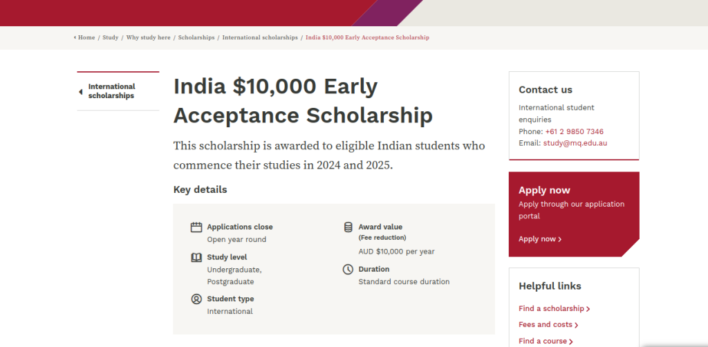Study in Australia: Applications Open for Macquarie University India $10,000 Early Acceptance ScholarshipÂ