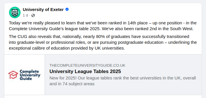 Study Abroad: University of Exeter Climbs to 14th Place in Latest Rankings According to Complete University Guide's 2025 league tables