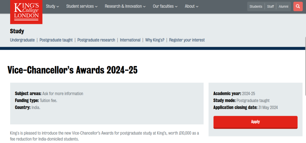 Study in UK: Applications Closing for Kings College London Vice-Chancellor’s Awards: Apply By 31st May
