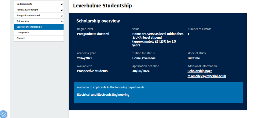 Study in UK: 2 Imperial College London International Scholarship to Apply this Month